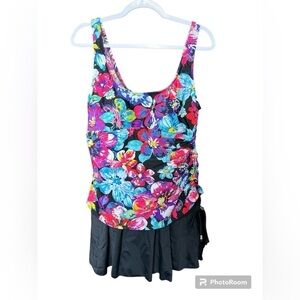 Azul Summer Swim Suit Floral/Black One Piece Wide Strap With Skirt Bottom 16